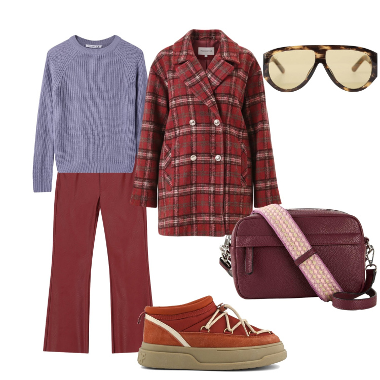 Outfit donna - Al calduccio. Stile Urban per Tutti i giorni. Abbinamento con borse a tracolla, maglieria, occhiali da sole, pantaloni, cappotti, stivaletti.