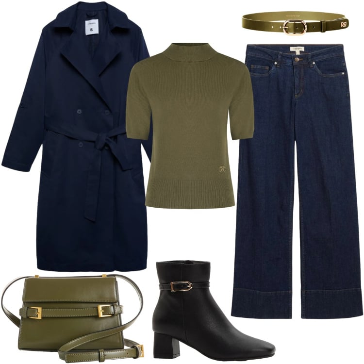 Outfit donna - I Jeans Perfetti per l\'Ufficio. Stile Basic per Ufficio. Abbinamento con borse a tracolla, stivaletti, jeans, trench, pullovers, cinture.