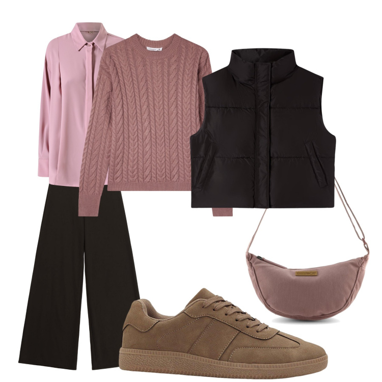 Outfit donna - In città. Stile Casual per Ufficio. Abbinamento con sneakers, piumini, maglieria, pantaloni a palazzo, camicie, borse a tracolla.