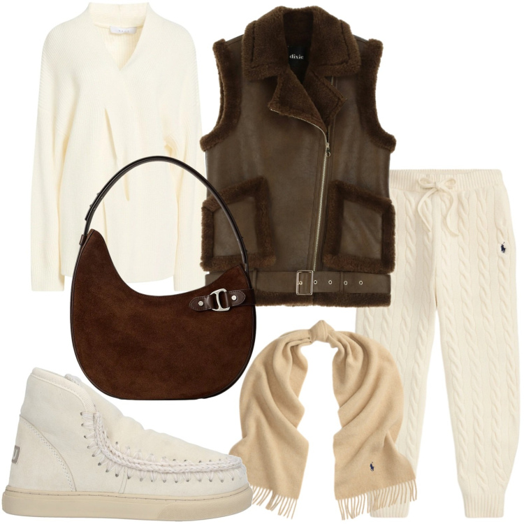 Outfit donna - Settimana bianca. Stile Casual per Tutti i giorni. Abbinamento con pullovers, stivaletti, gilet, pantaloni, borse a spalla, sciarpe.