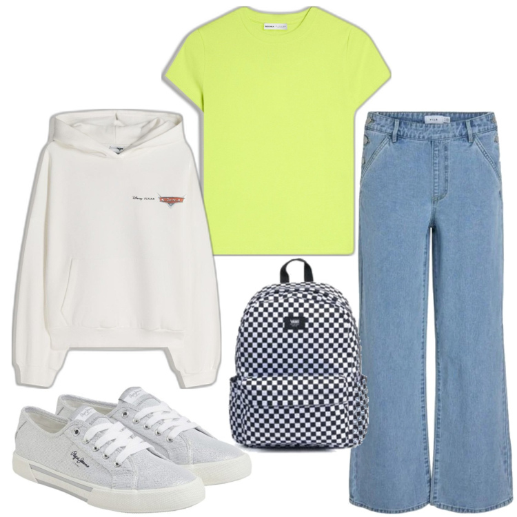 Outfit mujer - Casual look. Estilo Casual para Escuela/Universidad. Combinación con sneakers, mochilas, vaqueros rectos, sudaderas con capucha, camiseta.