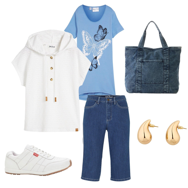 Outfit donna - Spring Butterflies. Stile Casual chic per Tutti i giorni. Abbinamento con maglieria, maglieria, bermuda, sneakers, orecchini, shopping bag.
