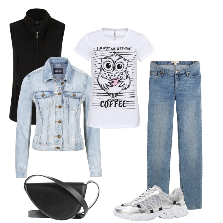 Outfit donna - Urban Casual. Stile Casual chic per Tutti i giorni. Abbinamento con jeans dritti, t-shirt sportive, giacche sportive, sneakers, gilet, borse a tracolla.