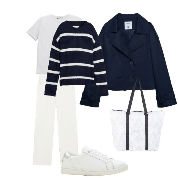 Outfit donna - in bianco e blu. Stile Casual chic per Tutti i giorni. Abbinamento con maglieria, sneakers, caban, pantaloni, shopping bag, t-shirt.