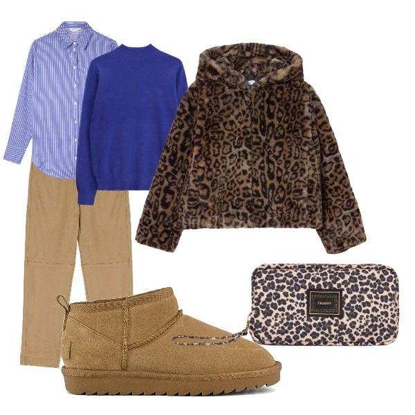 Outfit donna - in città d\'inverno. Stile Urban per Tutti i giorni. Abbinamento con pantaloni chino, maglieria, ecopellicce, camicie, valigie, stivali.