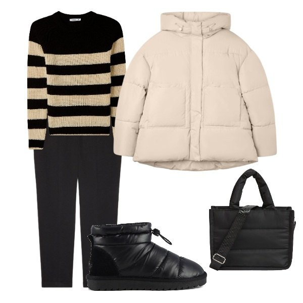 Outfit donna - comodamente. Stile Casual per Tutti i giorni. Abbinamento con shopping bag, maglieria, bomber, pantaloni, stivali.