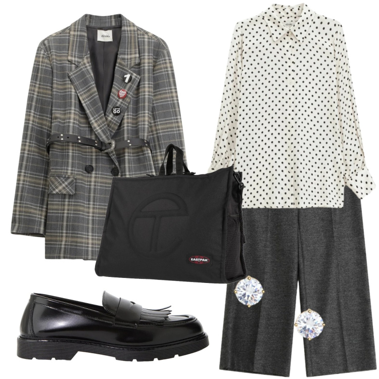 Outfit donna - Riunione informale. Stile Urban per Ufficio. Abbinamento con zaini, blazer, pantaloni a palazzo, mocassini, camicie, orecchini.