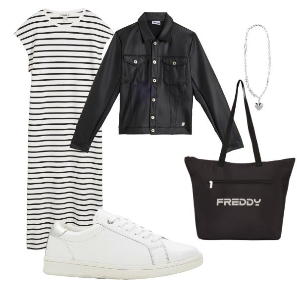 Outfit donna - col vestito e ilgiubotto. Stile Casual per Tutti i giorni. Abbinamento con vestiti, sneakers, collane, giacche, shopping bag.