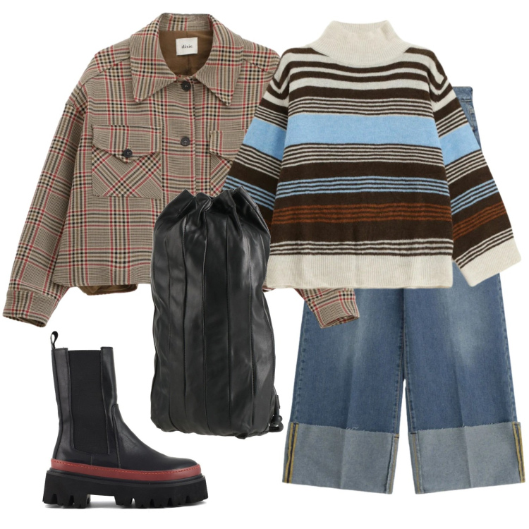 Outfit donna - Mattina universitaria. Stile Urban per Scuola/Università. Abbinamento con zaini, maglieria, jeans, cappotti, stivaletti chelsea.