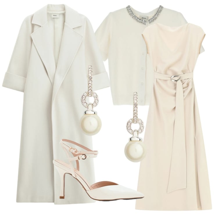 Outfit donna - Sfumature di bianco. Stile Chic per Cerimonia. Abbinamento con vestiti lunghi, cappotti, cardigans, décolleté, orecchini.