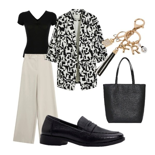 Outfit donna - bianco e nero. Stile Casual per Ufficio. Abbinamento con blazer, mocassini, borse tote, portachiavi, pantaloni a palazzo, body.