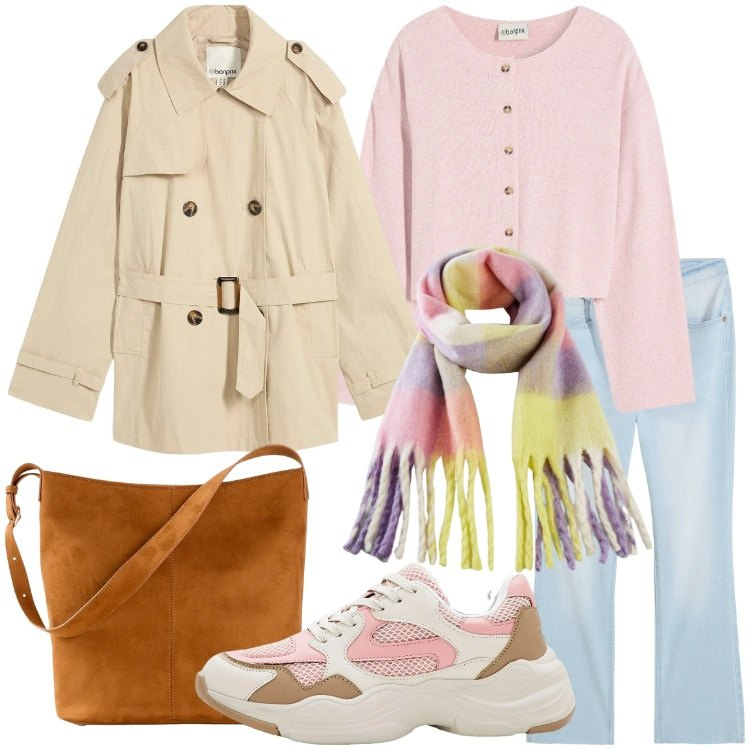 Outfit donna - bonprix - Aspettando la primavera. Stile Casual per Scuola/Università. Abbinamento con cardigans, trench, jeans a zampa, borse a mano, sneakers, sciarpe.
