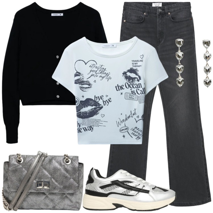 Outfit donna - Casual chic by Terranova. Stile Casual chic per Tutti i giorni. Abbinamento con t-shirt, jeans bootcut, borse a tracolla, cardigans, sneakers, orecchini.