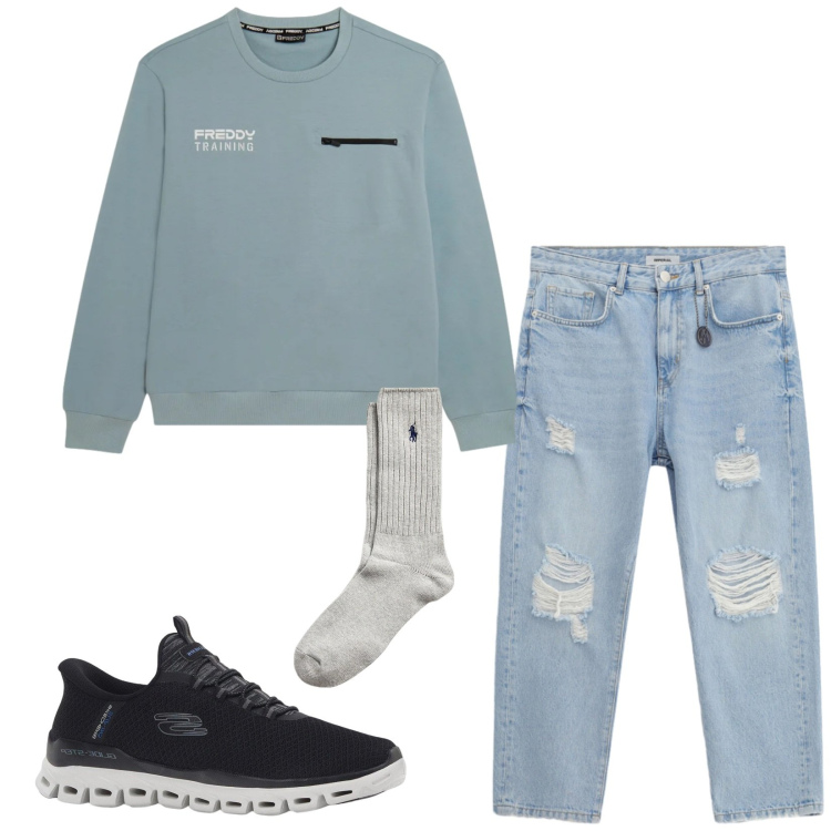 Outfit uomo - Total look #2340987. Stile Casual per Tutti i giorni. Abbinamento con sneakers, jeans strappati, felpe, calzini.