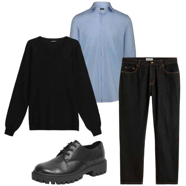 Outfit uomo - Total look #2340988. Stile Trendy per Serata speciale. Abbinamento con jeans dritti, scarpe stringate, maglieria, camicie.