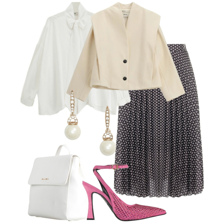 Outfit donna - Love is in the air. Stile Romantica per Tutti i giorni. Abbinamento con zaini, décolleté, blazer, camicie, gonne longuette, orecchini.