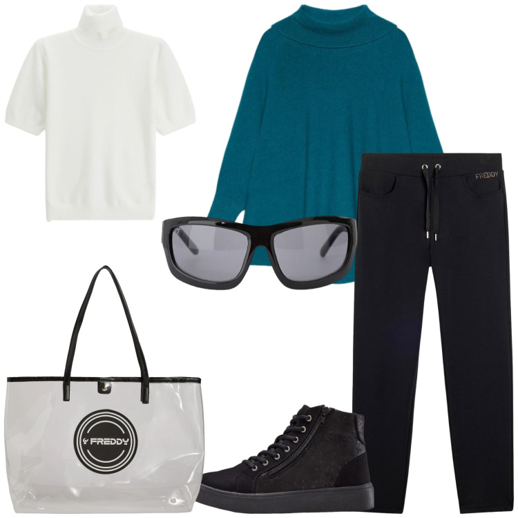 Outfit donna - Total look #2340993. Stile Casual chic per Tutti i giorni. Abbinamento con sneakers alte, occhiali da sole, maglieria, cappotti, shopping bag, pantaloni.