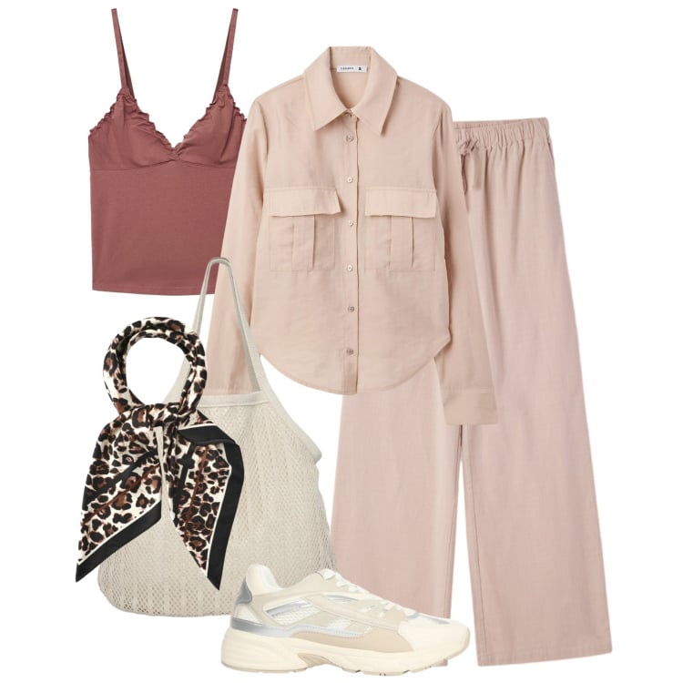 Outfit donna - Terranova spring. Stile Sporty chic per Tutti i giorni. Abbinamento con pantaloni, camicie, shopping bag, foulard, sneakers, canottiere.