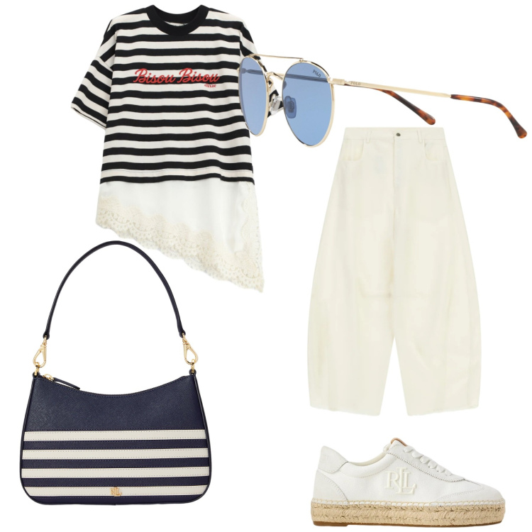 Outfit donna - Loook. Stile Sporty chic per Tutti i giorni. Abbinamento con t-shirt, pantaloni a palazzo, sneakers, borse a spalla, occhiali da sole.