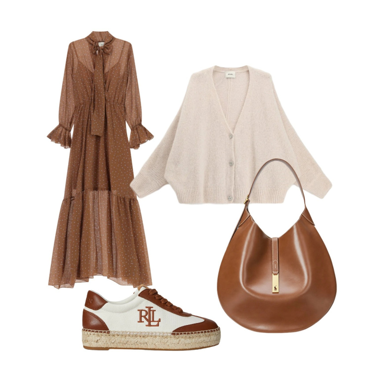 Outfit donna - Passeggiata in costiera. Stile Casual chic per Tutti i giorni. Abbinamento con vestiti lunghi, cardigans, sneakers, borse a spalla.