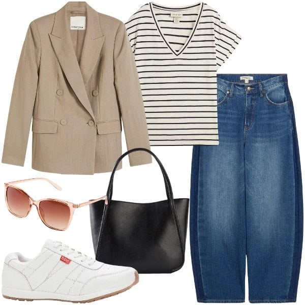 Outfit donna - bonprix - Aspettando la primavera. Stile Basic per Tutti i giorni. Abbinamento con jeans, maglieria, sneakers, shopping bag, blazer, occhiali da sole.