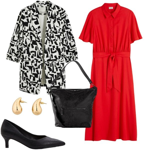 Outfit donna - bonprix - Aspettando la primavera. Stile Casual chic per Ufficio. Abbinamento con borse a spalla, blazer, vestiti chemisier, orecchini, décolleté.