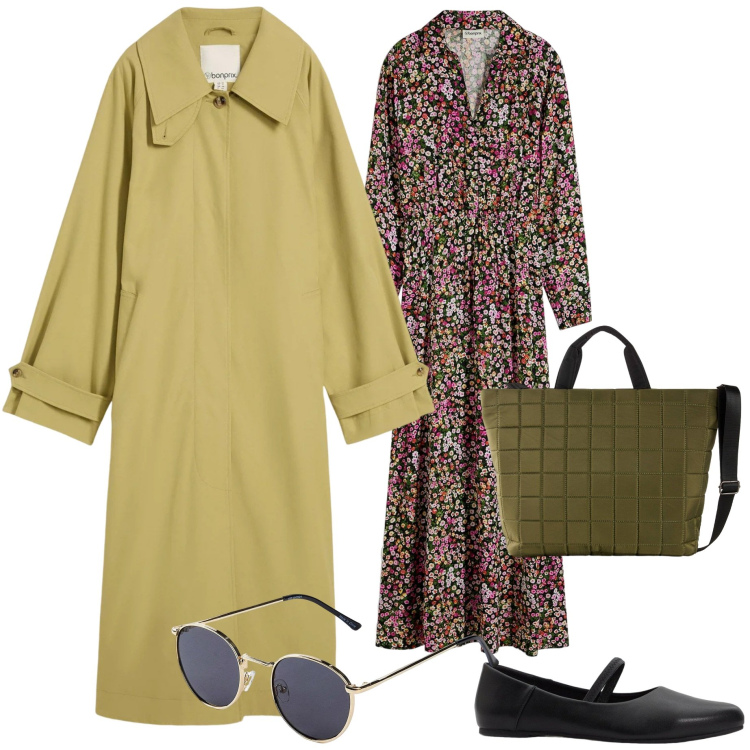 Outfit donna - Aspettando la primavera. Stile Casual chic per Tutti i giorni. Abbinamento con vestiti lunghi, ballerine, trench, shopping bag, occhiali da sole.