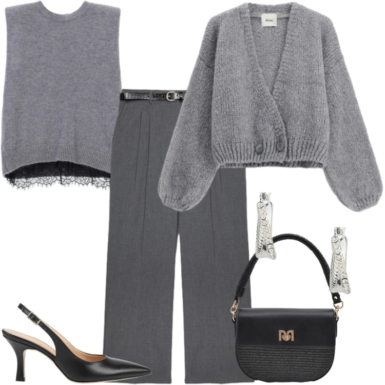 Outfit donna - Outfit per ogni occasione. Stile Casual chic per Tutti i giorni. Abbinamento con décolleté, pantaloni, maglieria, cardigans, borse a spalla, orecchini.