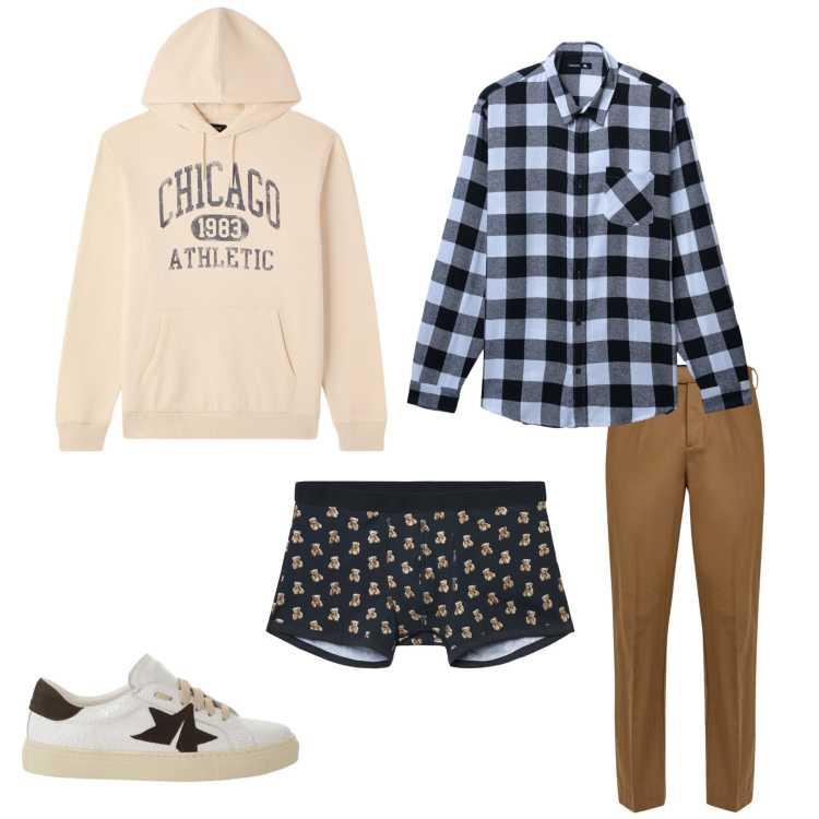 Outfit uomo - Weekend Pop & Cozy. Stile Urban per Tutti i giorni. Abbinamento con felpe con cappuccio, boxer, camicie, sneakers, pantaloni.