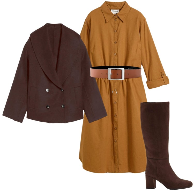 Outfit donna - Aspettando la primavera. Stile Casual chic per Ufficio. Abbinamento con vestiti chemisier, cinture, stivali, caban.