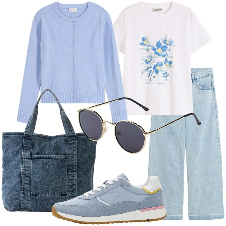 Outfit donna - bonprix - Aspettando la primavera. Stile Casual per Tutti i giorni. Abbinamento con maglieria, sneakers, jeans, t-shirt, shopping bag, occhiali da sole.