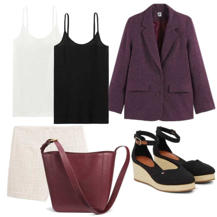 Outfit mujer - Urban style. Estilo Urban para Todos los días. Combinación con sandalias de tacón, blazers, shorts, bolso tote, top.