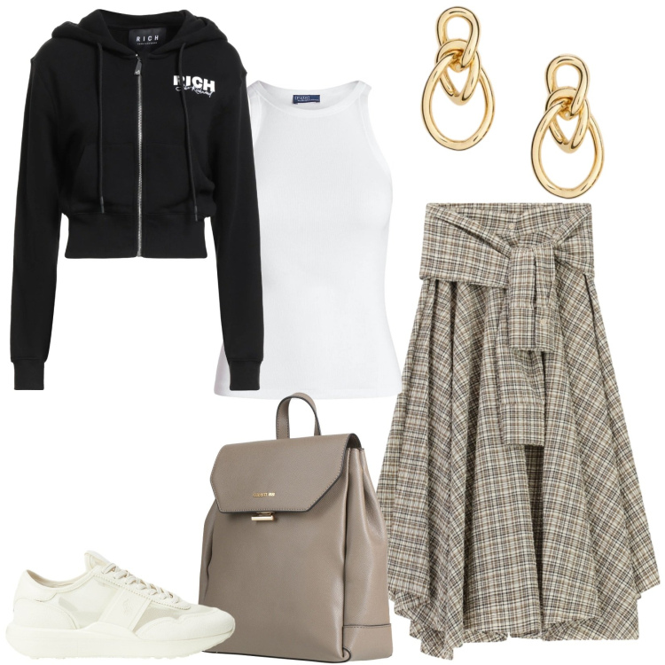 Outfit donna - Total look #2341026. Stile Urban per Tutti i giorni. Abbinamento con felpe con cappuccio, zaini, gonne longuette, canottiere, orecchini, sneakers.