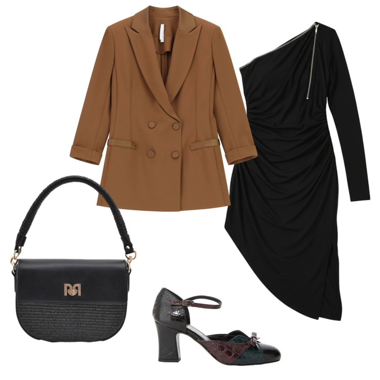 Outfit donna - Total look #2341028. Stile Chic per Serata fuori. Abbinamento con blazer, borse a spalla, vestiti asimmetrici, décolleté.