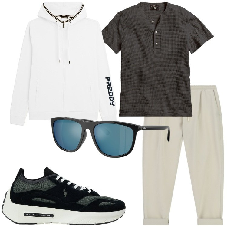 Outfit uomo - T-shirt serafino e felpa. Stile Casual per Tutti i giorni. Abbinamento con pantaloni sportivi, felpe con cappuccio, t-shirt, occhiali da sole, sneakers.