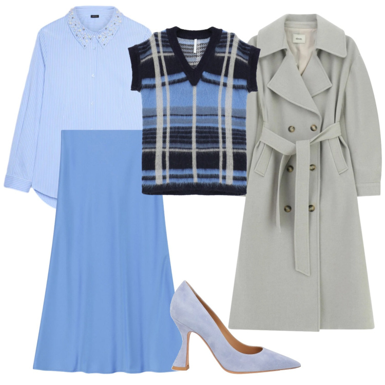 Outfit donna - Total look #2341035. Stile Casual chic per Ufficio. Abbinamento con décolleté, maglieria, gonne longuette, camicie, cappotti.