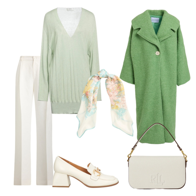 Outfit donna - Total look #2341037. Stile Chic per Ufficio. Abbinamento con mocassini, cappotti, pullovers, pantaloni, borse a spalla, foulard.