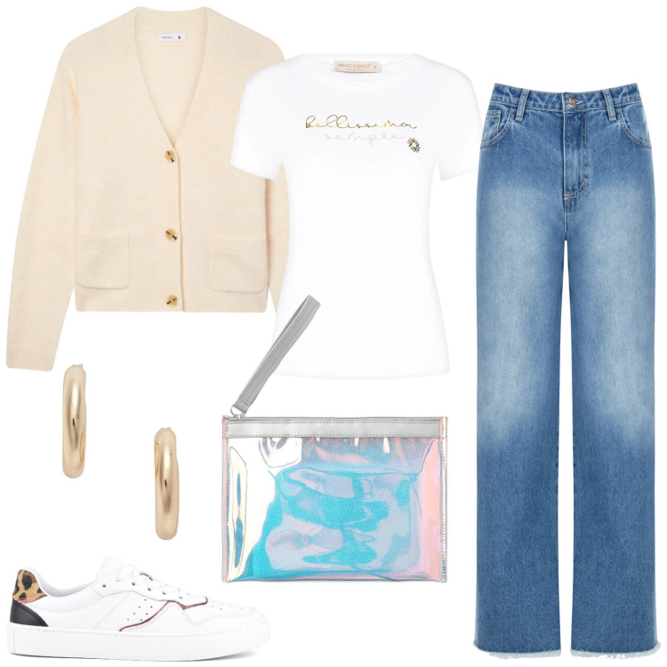 Outfit donna - I look basic per tutti i giorni. Stile Basic per Tutti i giorni. Abbinamento con cardigans, pochette, t-shirt, jeans dritti, orecchini, sneakers.