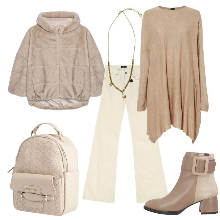 Outfit donna - Total look #2341039. Stile Casual chic per Ufficio. Abbinamento con stivaletti, zaini, maglieria, ecopellicce, jeans, ciondoli.