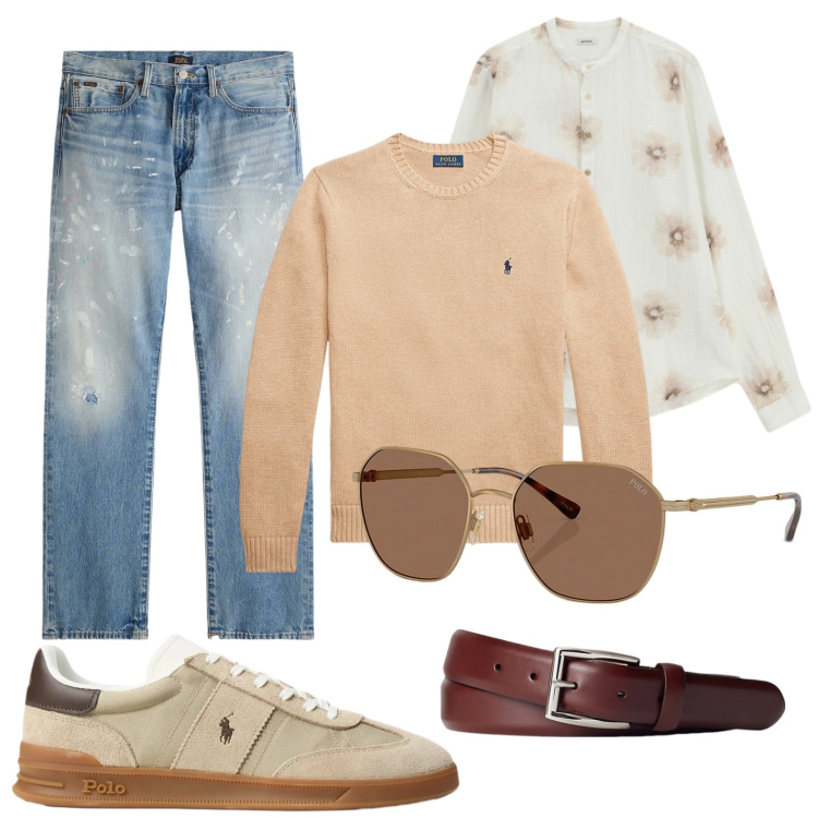 Outfit uomo - Toni chiari per il mare. Stile Trendy per Tutti i giorni. Abbinamento con camicie, cinture, maglieria, occhiali da sole, jeans dritti, sneakers.