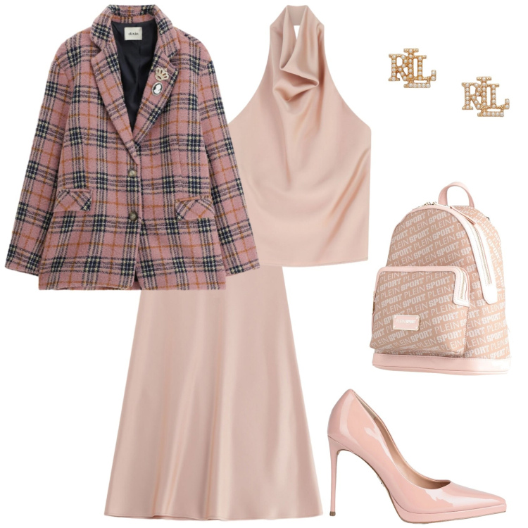 Outfit donna - Total look #2341043. Stile Chic per Serata fuori. Abbinamento con décolleté, zaini, top, gonne lunghe, blazer, orecchini.