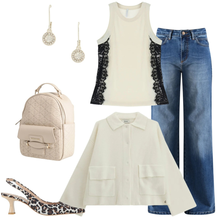 Outfit donna - La passione per le slinback. Stile Casual per Tutti i giorni. Abbinamento con décolleté, zaini, top, cardigans, jeans, orecchini.