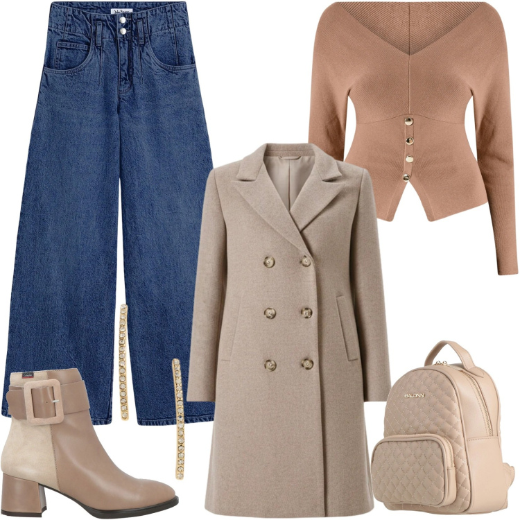 Outfit donna - Total look #2341045. Stile Casual per Ufficio. Abbinamento con stivaletti, zaini, jeans, maglieria, cappotti, orecchini.