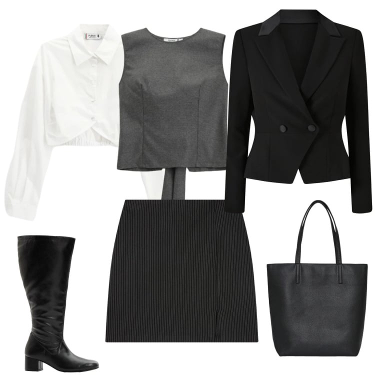 Outfit donna - Ufficio. Stile Casual per Ufficio. Abbinamento con stivali, borse tote, minigonne, top, camicie, blazer.