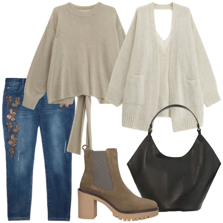 Outfit donna - Total look #2341047. Stile Casual per Tutti i giorni. Abbinamento con stivaletti chelsea, jeans skinny, maglieria, cardigans, borse a spalla.