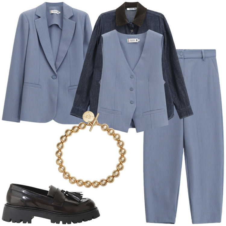 Outfit donna - Total look #2341048. Stile Casual per Tutti i giorni. Abbinamento con mocassini, pantaloni, camicie, gilet, blazer, braccialetti.