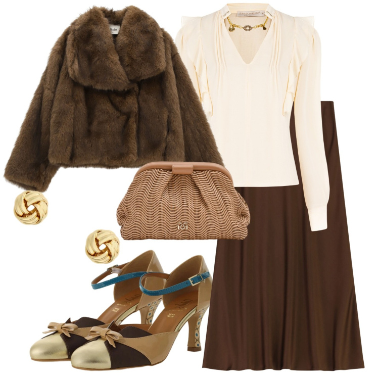 Outfit donna - Toni caldi gusto retrò. Stile Vintage retrò per Tutti i giorni. Abbinamento con gonne lunghe, décolleté, blazer, pochette, bluse, orecchini.