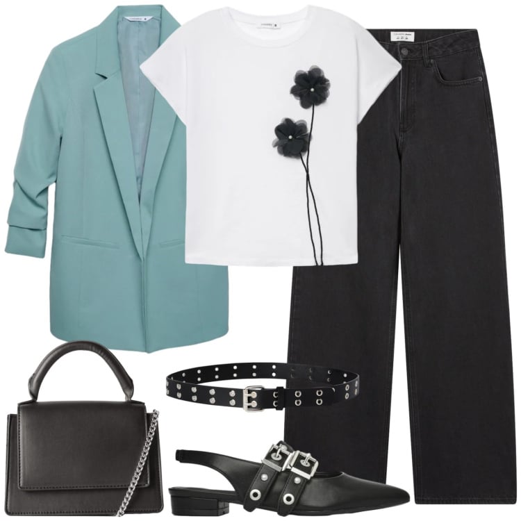Outfit donna - Waiting for spring. Stile Casual chic per Serata fuori. Abbinamento con t-shirt, blazer, jeans, ballerine, borse a tracolla, cinture.
