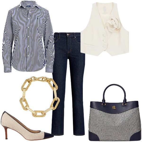 Outfit donna - Total look #2341060. Stile Casual chic per Ufficio. Abbinamento con gilet, camicie, jeans bootcut, braccialetti, borse a mano, décolleté.