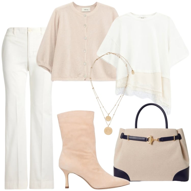 Outfit donna - Total look #2341062. Stile Bon Ton per Ufficio. Abbinamento con stivaletti, ciondoli, pantaloni, borse a mano, t-shirt, cardigans.